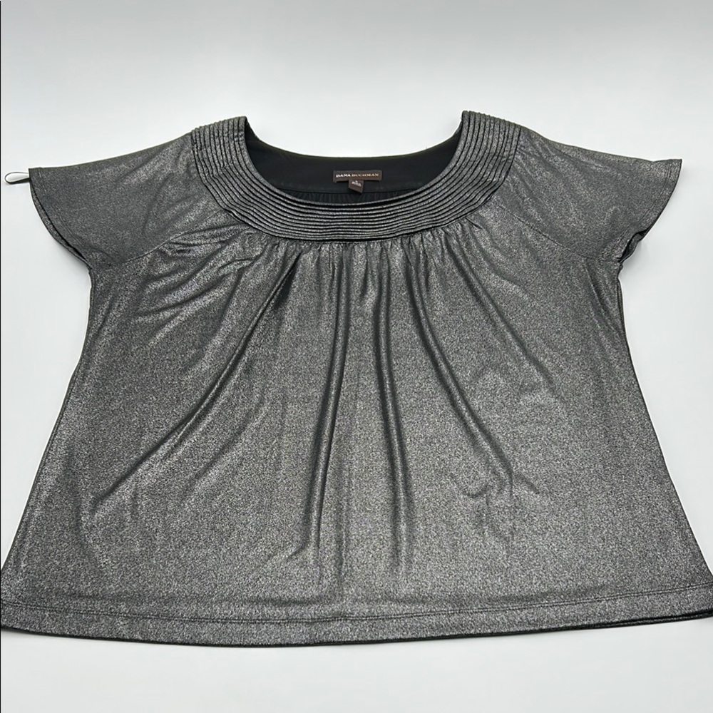 Dana Buchman Flutter Sleeve Blouse Large Gray Shimmer Pleated Nech Relaxed Fit